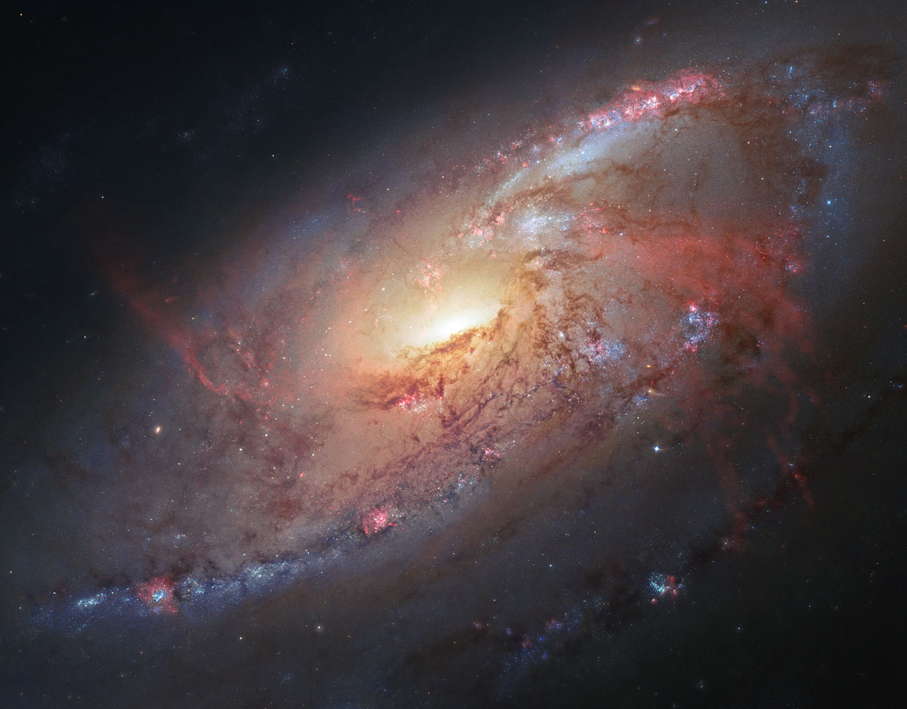 This image combines Hubble observations of M 106 with additional information captured by amateur astronomers Robert Gendler and Jay GaBany. Gendler combined Hubble data with his own observations to produce this stunning colour image. M 106 is a relatively nearby spiral galaxy, a little over 20 million light-years away.